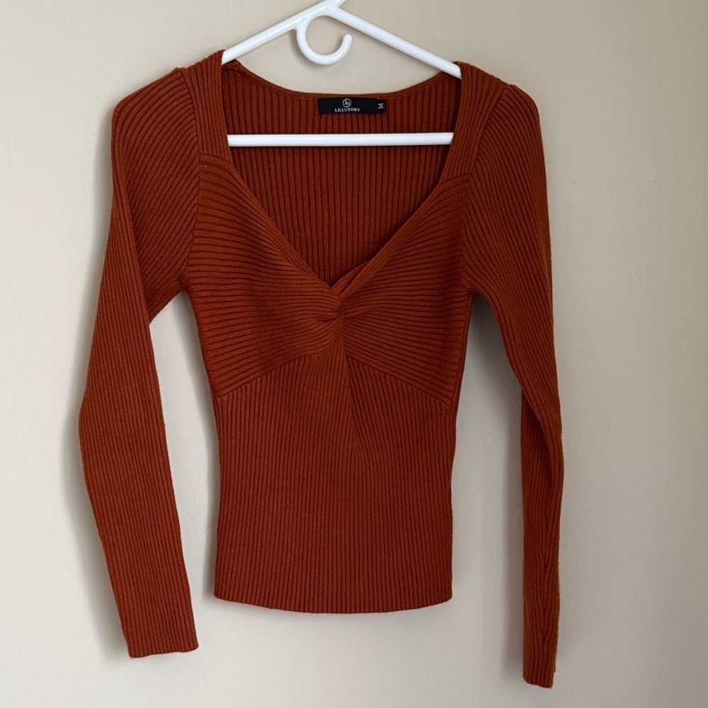 Lillusory Rust Ribbed Knit Twist Front Long Sleeve Top, Size M